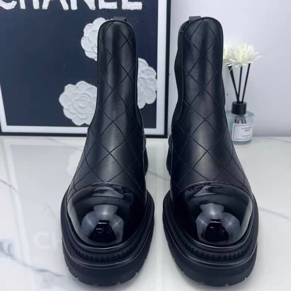 CHANEL Black Quilted Leather Chelsea Ankle Boots with Patent Cap Toe